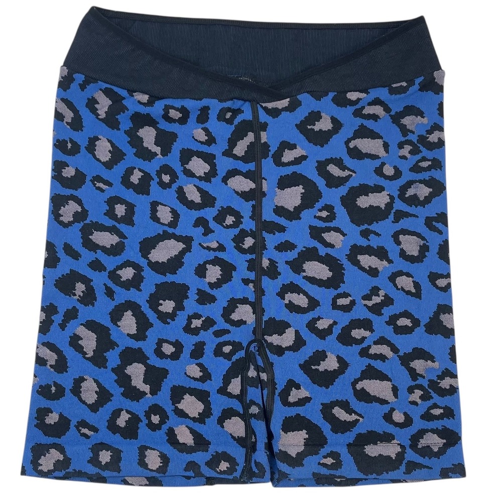 Free People FP Movement Woven Blue Leopard High Rise Bike Shorts Crossover Sz M